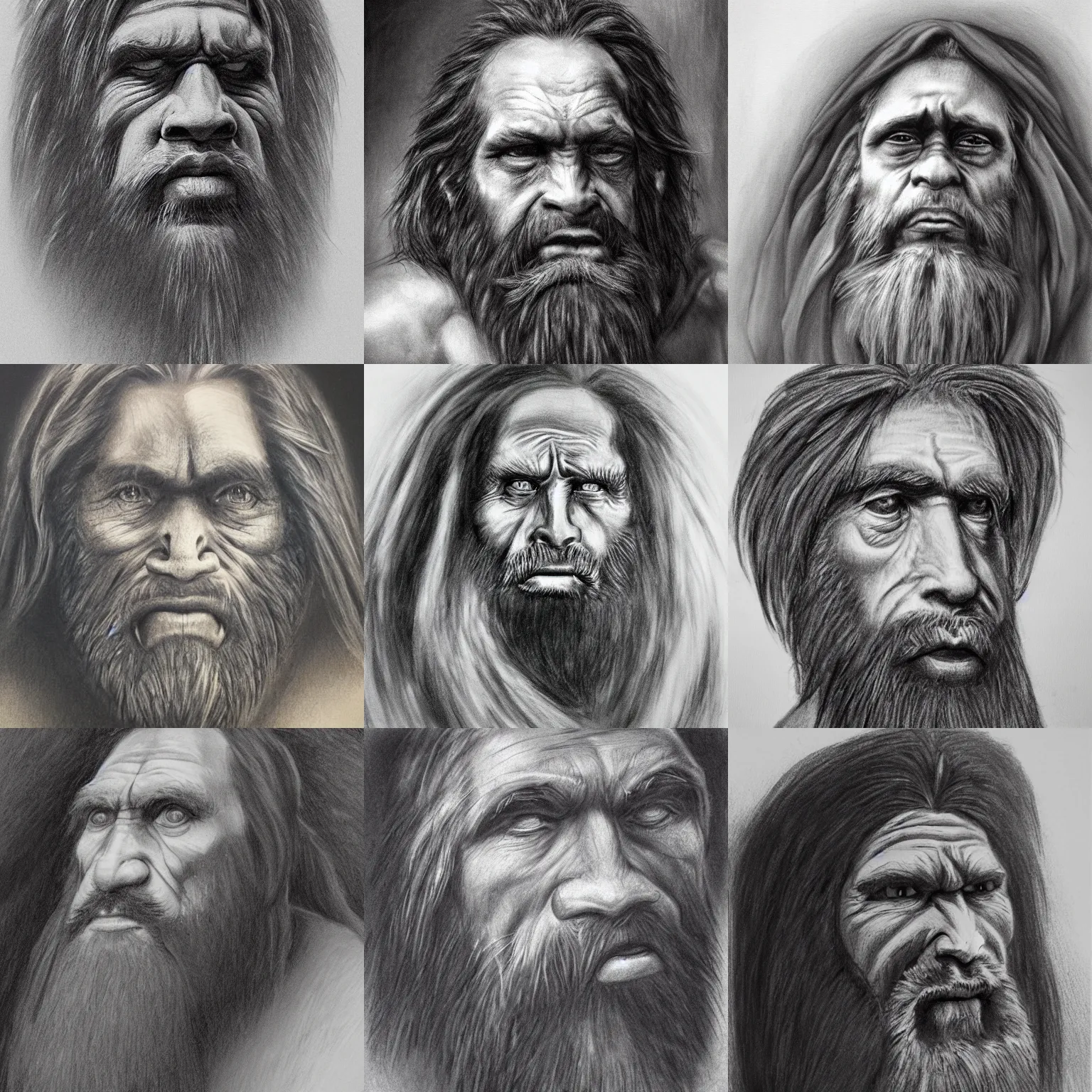 Prompt: a charcoal portrait of a cave man, detailed face