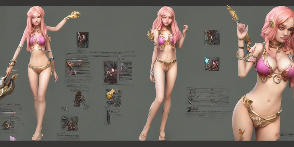 Image similar to Character sheet of gorgeous pool party seraphine (League of Legends). 3d octane render trending on artstation