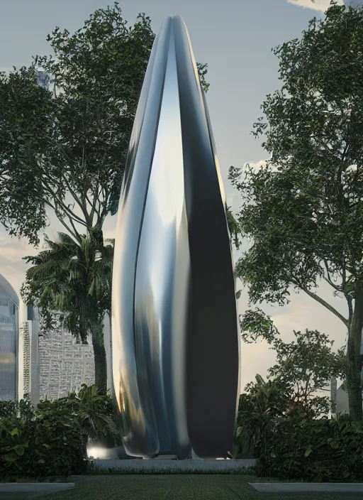 Image similar to highly detailed architecture render of a huge high futuristic metallic stele sculpture in zaha hadid style standing in city park, archdaily, made in unreal engine 4