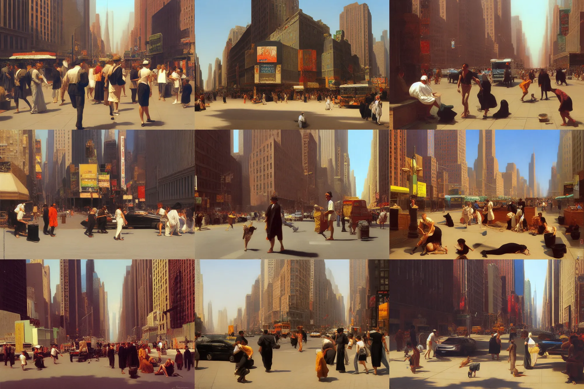 Prompt: new york street, summer heat, 2016, painting, detailed realism, art by Jean-Leon Gerome