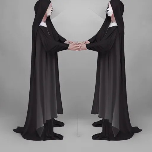 Prompt: award winning photo two Hovering twin nuns wearing hoods, buxom chested blindfolded wearing translucent veils see through dress, Very long arms, bedroom, wood door, eerie, frightening, highly detailed, photorealistic, colorized —width 1024 —height 1024