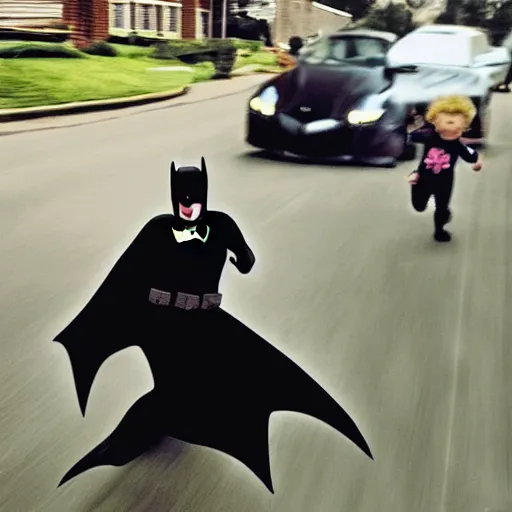 Prompt: high quality selfie photo of grandma being chased by batman