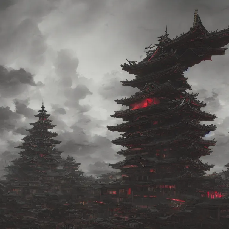 Image similar to evil robot attacking feudal japan city, moody sky, dramatic lighting, painted by James Jean and Wayne Barlowe and moebius, high details , cinematic, denoised, octane render, fog, spooky, cgsociety 8k