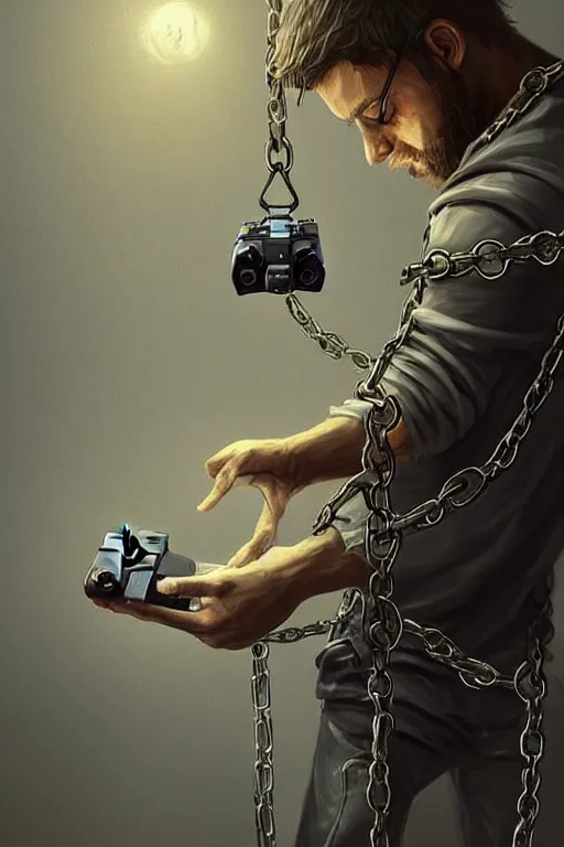 Image similar to very tired man holding gaming console in hands. he is chained to the console, intricate, elegant, highly detailed, digital painting, artstation, concept art, addiction, chains, smooth, sharp focus, illustration, art by ilja repin