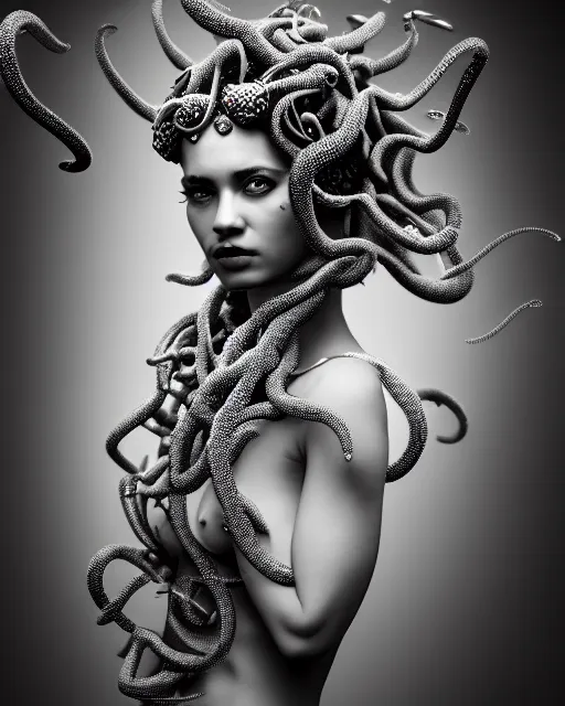 Image similar to surreal mythical dreamy artistic black and white fine art photo of a beautiful young female queen - medusa - cyborg covered with metal fish scales and translucent algae, highly detailed, intricate crystal ivy jelly fish scales ornate, poetic, octane render, 8 k, photo - realistic