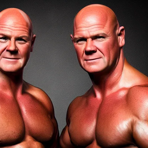 Prompt: phil and grant Mitchell with the physique of a body builder, hyper realistic, ultra detailed, cinematic, dynamic lighting, photorealistic, refined, intricate, digital art, digital painting, masterpiece, 8k