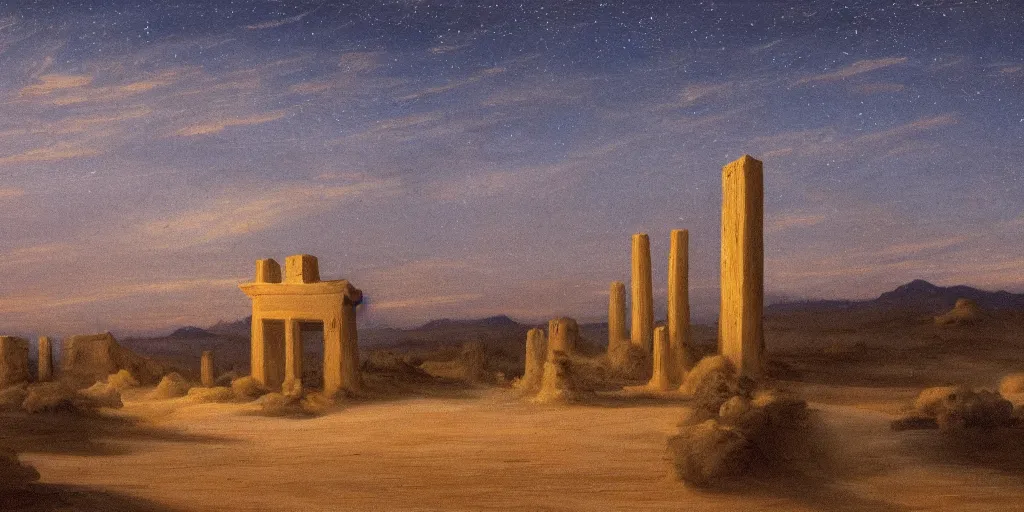 Image similar to desert landscape at night with arabian palace on horizon