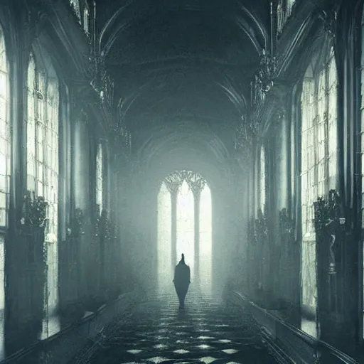 Prompt: a long hallway of mirrors. victorian interior, with many mirrors, elegant design, haunting atmosphere, dark lighting, gothic, horror style, scary, swirling fog, volumetric lighting, by greg rutkowski, realistic, dutch angle,