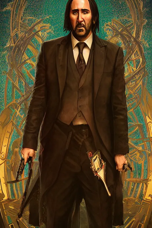 Image similar to a dramatic ethereal epic painting of nicolas cage as john wick | tarot card, art deco, art nouveau, realistic | detailed face, cinematic lighting | by Dresden Codak, by Mark Maggiori and Alphonse Mucha | trending on artstation