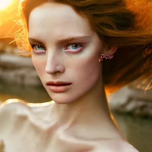 Prompt: photographic portrait of a stunningly beautiful vogue renaissance female in soft dreamy light at sunset, beside the river, soft focus, contemporary fashion shoot, hasselblad nikon, in a denis villeneuve and tim burton movie, by edward robert hughes, annie leibovitz and steve mccurry, david lazar, jimmy nelsson, extremely detailed, breathtaking, hyperrealistic, perfect face