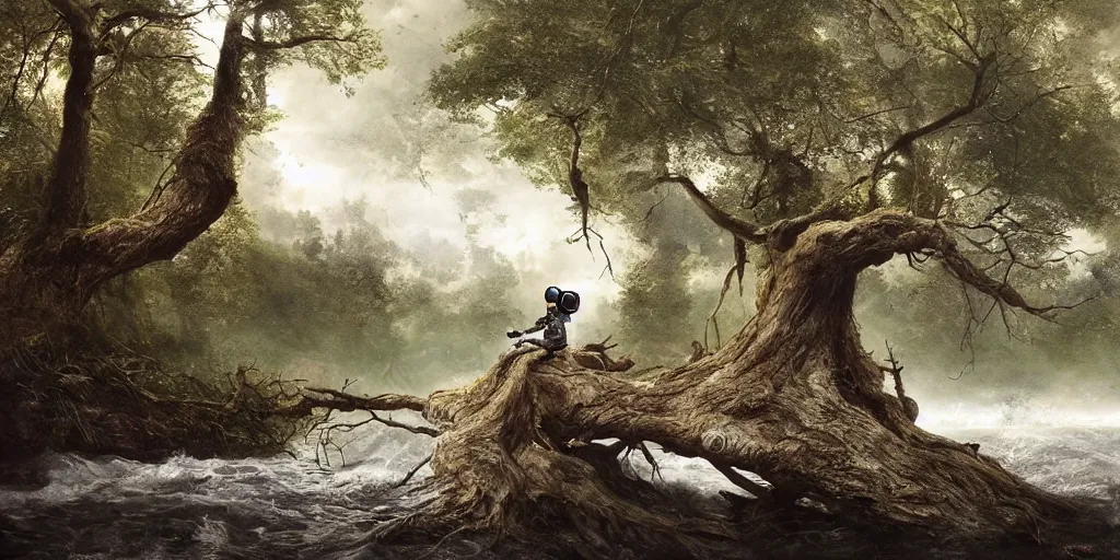 Image similar to an astronaut sitting on a fallen tree by a river in a forest, a detailed matte painting by frieke janssens, featured on cgsociety, fantasy art, matte painting, reimagined by industrial light and magic, matte drawing