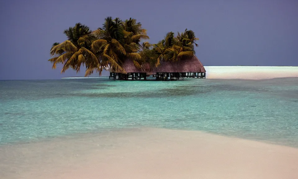 Image similar to 35mm film still, morning light over an island in the maldives, color palette of gold