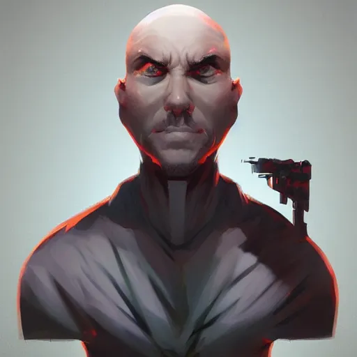 Image similar to bald man with plastic black spike driven through his eyes, flat side facing forward, points coming out back of his head, portrait, behance hd artstation, style of jesper ejsing