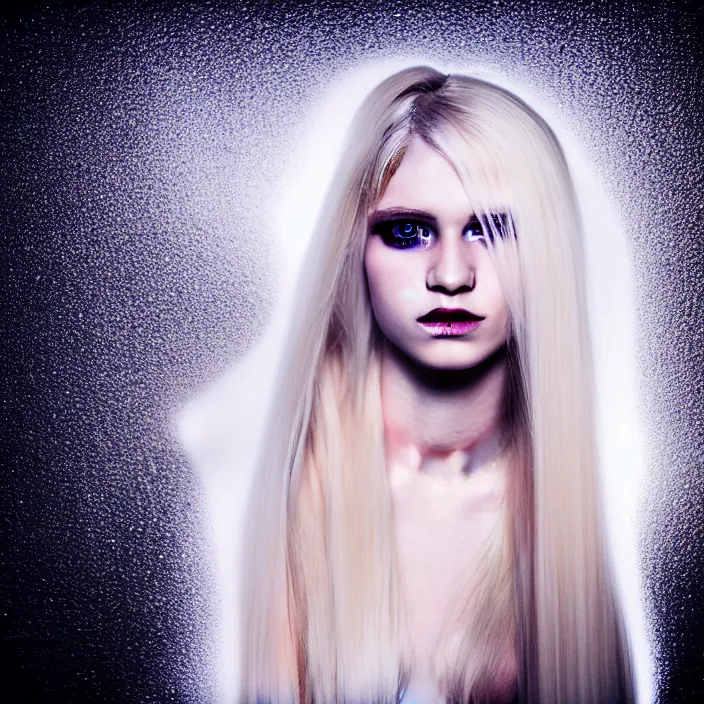 Prompt: a young woman with long blond hair dressed in white, fine art photography light painting in style of Paolo Roversi, professional studio lighting, dark blur background, hyper realistic photography, fashion magazine style