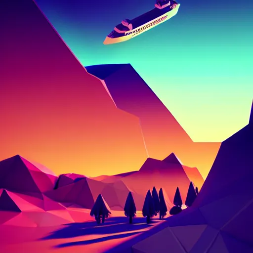 Image similar to super detailed color lowpoly art, big graphic seiner ship on sunset view with mountains, unreal engine, high contrast color palette, 3 d render, lowpoly, colorful, digital art, perspective, full volume composition, syd mead