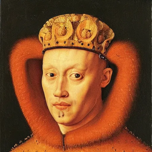 Image similar to portrait of a king with an orange cats head for a head, oil painting by jan van eyck, northern renaissance art, oil on canvas, wet - on - wet technique, realistic, expressive emotions, intricate textures, illusionistic detail