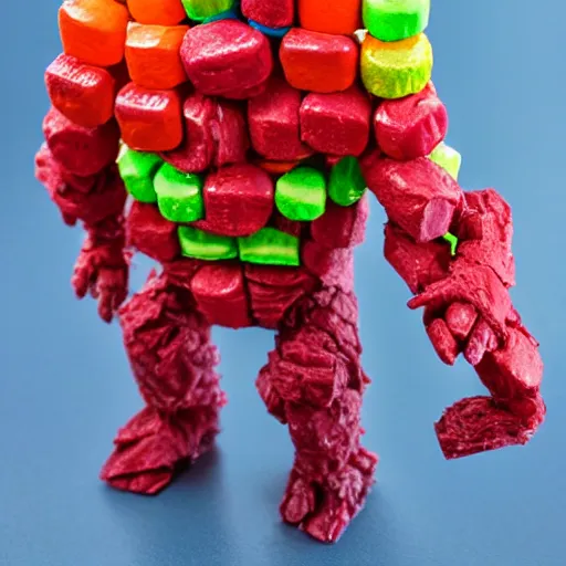 Prompt: golem made of sour skittles.