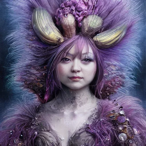 Prompt: beautiful Portrait ethereal painting of a Fraggle Rock friends, purple fur armor, sci-fi, ross tran, artgerm, Ayami Kojima, Amano, Karol Bak, Greg Hildebrandt, and Mark Brooks, neogothic art, detailed, trending on Artstation, intricate, highly detailed