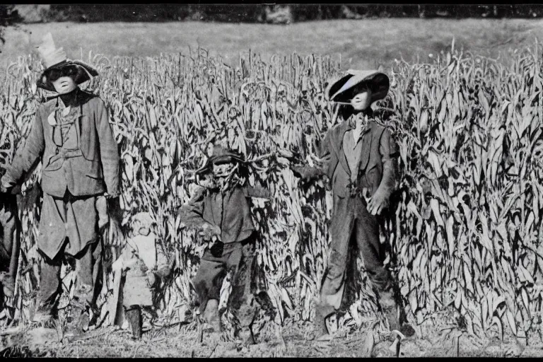 Prompt: sketchy scarecrow from the early 1 9 0 0's leading children into the cornfields