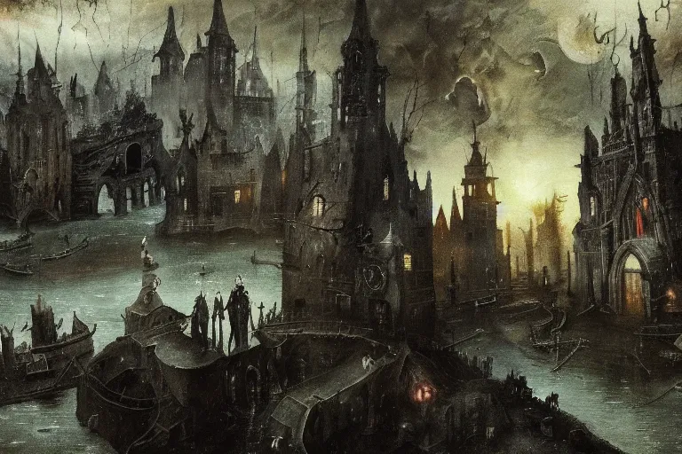 Image similar to bloodborne! landscape painted by hieronymus bosch