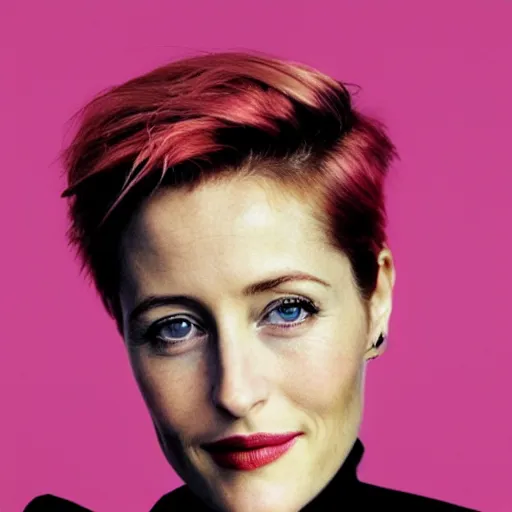 Image similar to photo of a gorgeous 20-year-old Gillian Anderson with pink pixie cut hairstyle by Mario Testino, detailed, head shot, award winning, Sony a7R -