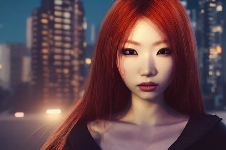 Prompt: hyperrealistic portrait of stunningly beautiful redhead japanese girl with cyber implants, lit in a dawn light, cyberpunk city on background, trending on artstation,ultrawide angle, f8 , polarizer , unreal engine