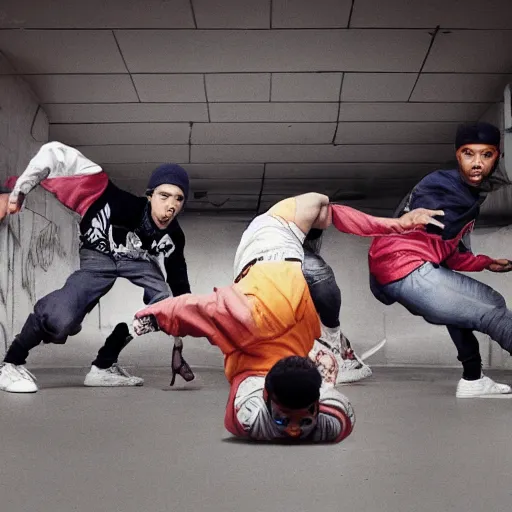 Prompt: photo of four breakdancers battling in the bronx in 1984 by Janette Beckman, gritty, energetic, hyperrealistic, trending on artstation