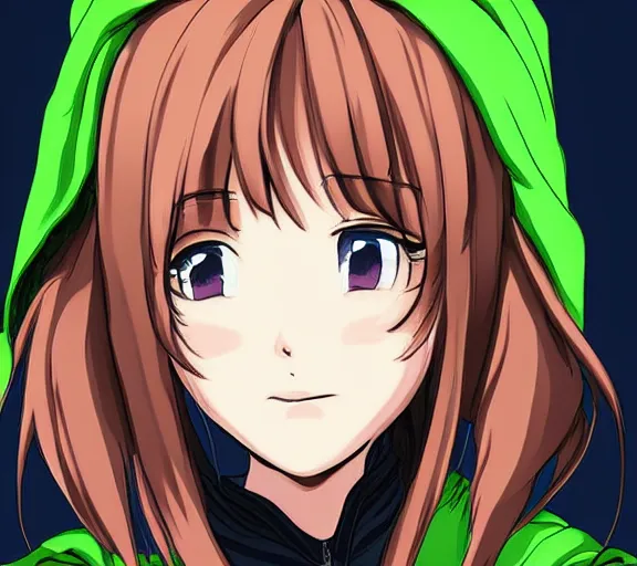 Image similar to close up character portrait of an anime character with brown hair and green eyes wearing a hoody, digital art