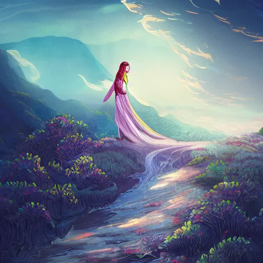 Image similar to woman and landscape, acrilic paint, digital, artstation, detailed intricate ink illustration, heavenly atmosphere, digital art, overdetailed art, concept art, complementing colors, trending on artstation, cgstudio, the most beautiful image ever created, dramatic, subtle, details, award winning artwork, beautiful scenery
