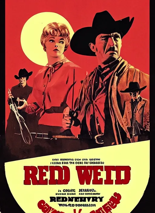 Prompt: a poster for a 1 9 6 0 s spaghetti western called red cowboy