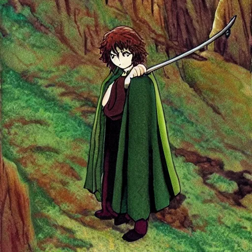 Image similar to peregrin took from the anime lord of the rings (1986), dark hair, green cape, studio ghibli, very detailed, realistic