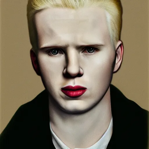 Image similar to realistic expired kodak film portrait of albino chris evans, hyperrealism, photorealistic, detailed, atmospheric, 8 k, award winning photography, cinematic