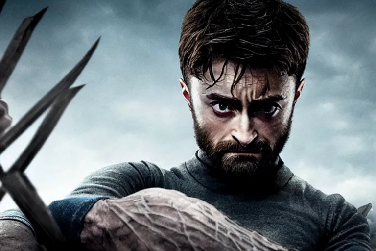 Prompt: Daniel Radcliffe as Wolverine in 'Logan 2' (2023), movie still frame, promotional image, imax 70 mm footage, oscar nominated cinematography, volumetric lighting, 8k resolution