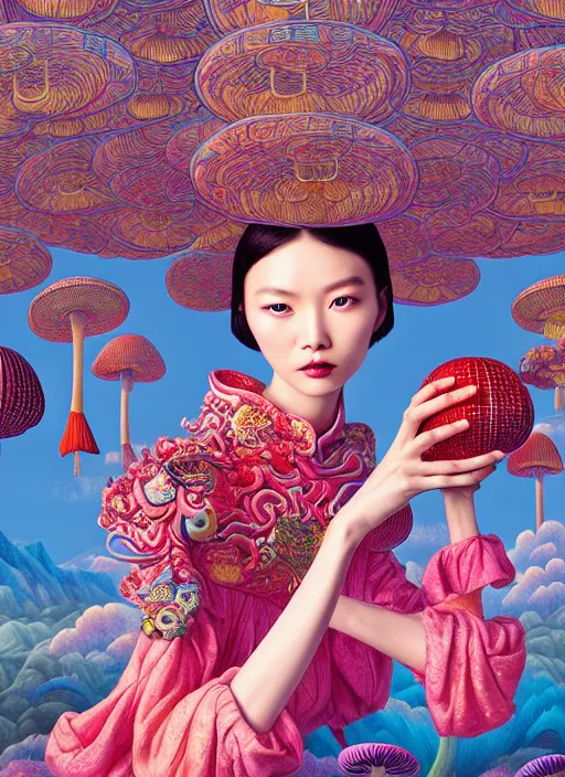 Prompt: pretty chinese model with hallucination mushroom : : by martine johanna and simon stalenhag and chie yoshii and casey weldon and wlop : : ornate, dynamic, particulate, rich colors, intricate, elegant, highly detailed, vogue, harper's bazaar art, fashion magazine, smooth, sharp focus, 8 k, octane render,
