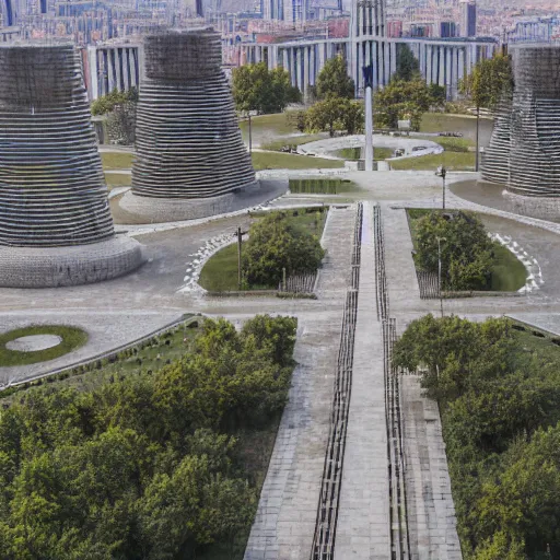 Prompt: aerial view of brutalist extensive monument ricardo bofill ( ( ( ( ( park ) ) ) ) ) spomenik with ( ( railings ) ) photo, 4 k