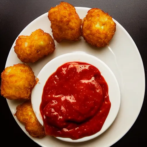 Image similar to food photo of channing tatum's face as tater tot on a plate with ketchup