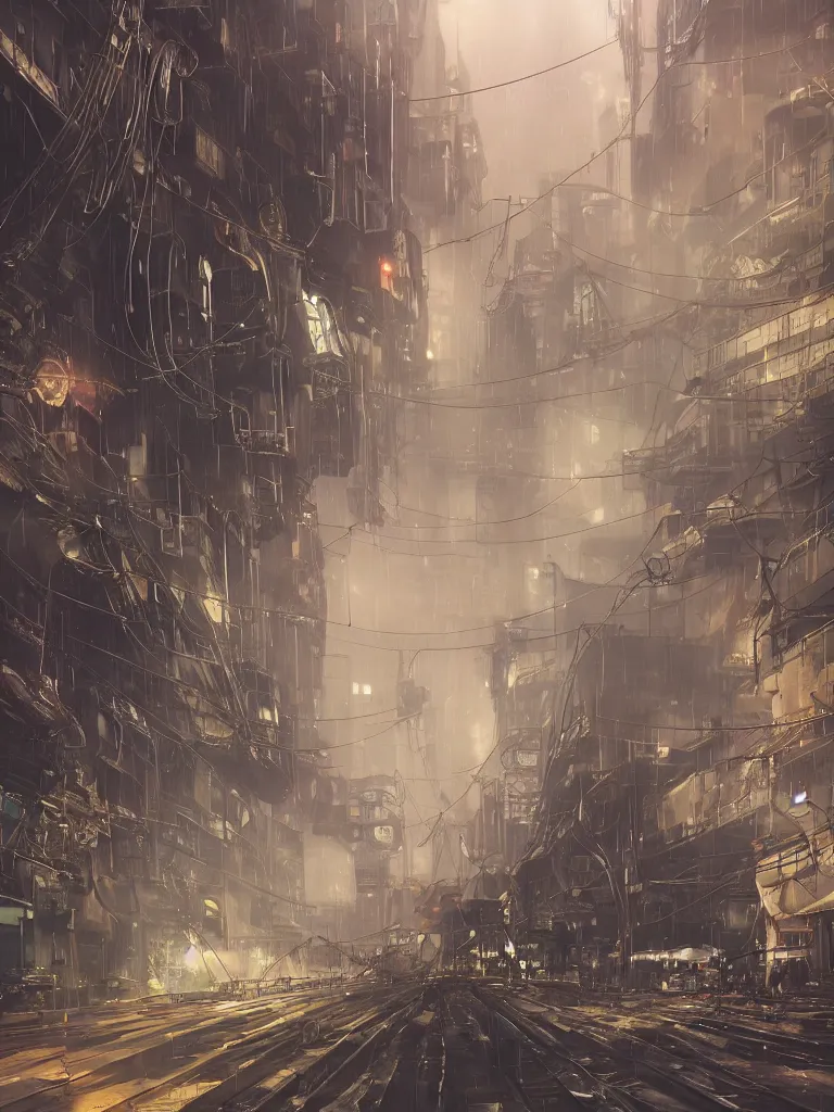 Image similar to futuristic dieselpunk street, hanging cables, narrow, garbage on the ground. rain. fog, haze, evening. led screens. golden hour. the very low point of view. close to the ground. volumetric lighting. cables on the ground. very messy. futuristic. photorealistic. artstation. anime. studio gimbli style