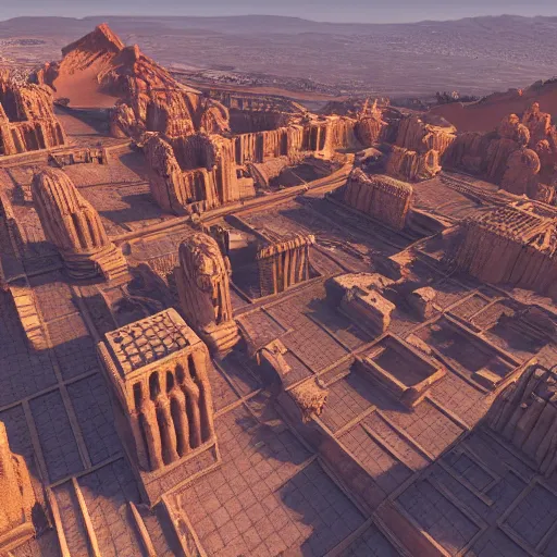 Image similar to Sprawling view of detailed fantasy city with greek architecture and intricate walls surrounded by a red desert; trending on artstation