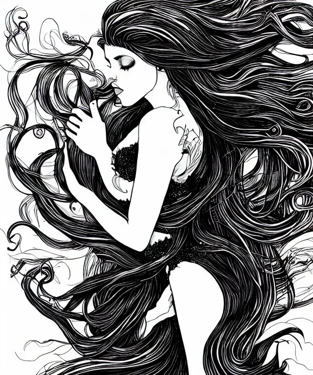 Image similar to black and white illustration, creative design, dark fantasy, beautiful mermaid with flowing hair