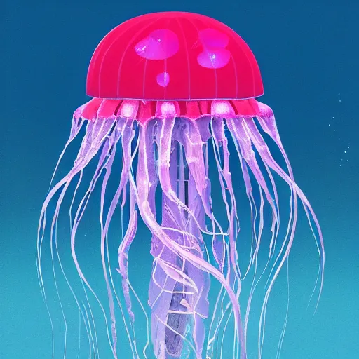 Image similar to ilya kuvshinov and katsuhiro otomo style jellyfish in a bright ocean, deep focus, fantasy, intricate, elegant, highly detailed, digital painting, artstation, concept art, matte, sharp focus, illustration