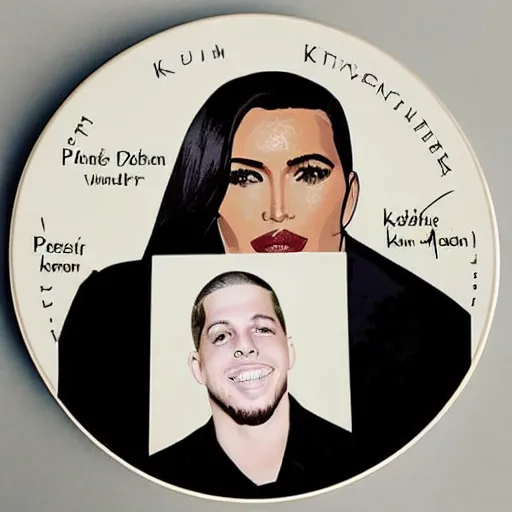 Prompt: a commemorative plate featuring kim kardashian and pete davidson