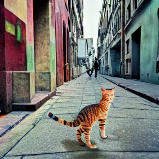 Prompt: cat walking through the streets of a city, photorealism