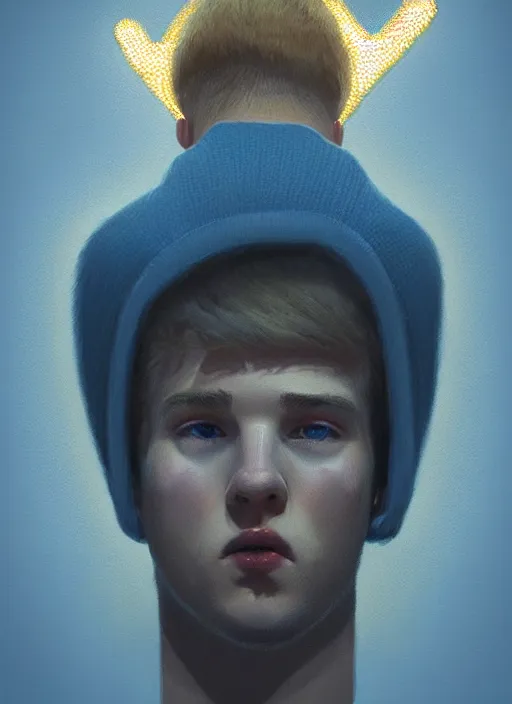 Image similar to portrait of high school senior boy named big moose, blonde short hair, jock, beefy, wide face, square jaw, square facial structure, blue varsity jacket with the word moose, intricate, elegant, glowing lights, highly detailed, digital painting, artstation, concept art, sharp focus, illustration, art by wlop, mars ravelo and greg rutkowski