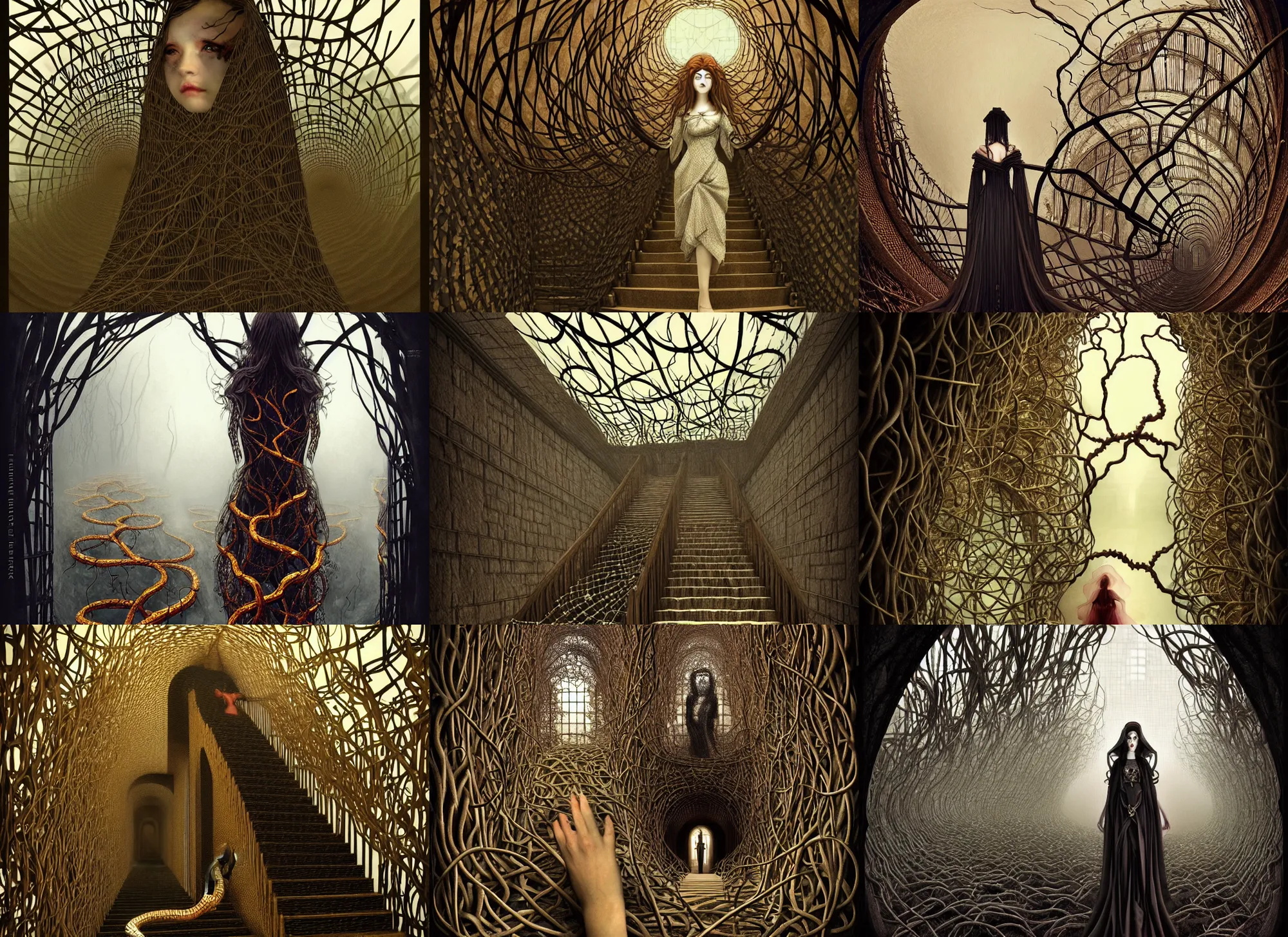 Prompt: the mistress of despair, 4 2 4 2, burning vines decorated with diamonds, 8 8 8 8, room full of stairs escher style, 1 5 9 6, concept art, art nouveau, escher, reylia slaby, peter gric, trending on artstation, volumetric lighting, cgsociety