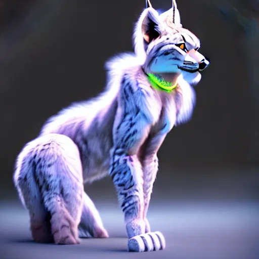 Prompt: full body of anthropomorphic lynx fursona from behind wearing collar as a woman with lynx head, tail, furry paws with no boots, by tanidareal, irakli nadar, intricate linework, unreal engine, fantasy style, perfect angle, radiant lighting, vibrant color scheme, 3 d render, detailed highly lighted white fur, realistic fur