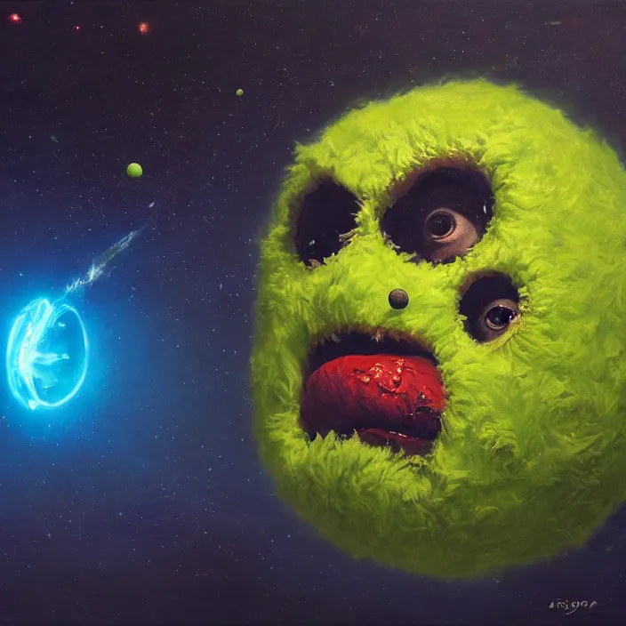 Image similar to cinematic portrait of a tennis ball monster in the abyss of space, oil on canvas, masterpiece, trending on artstation, featured on pixiv, cinematic composition, dramatic pose, beautiful lighting, sharp details, hyper-detailed, HD, HDR, 4K, 8K, art by Basil Gogos