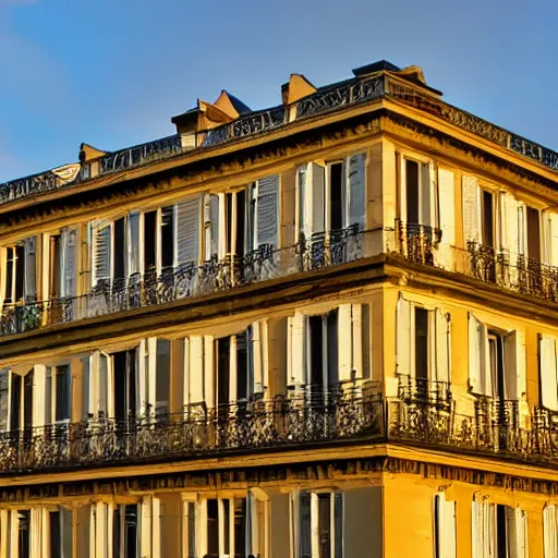 Prompt: a french building. sunset lighting.