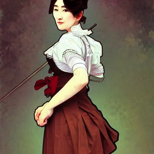 Prompt: full body painting of grumpy handsome thin beautiful young man in his 2 0 s named min - jun in a modest french female maid outfit, modern clothing, elegant, clear, painting, stylized, sharp facial features, pouty, highly detailed, art, art by alphonse mucha, trending on artstation,