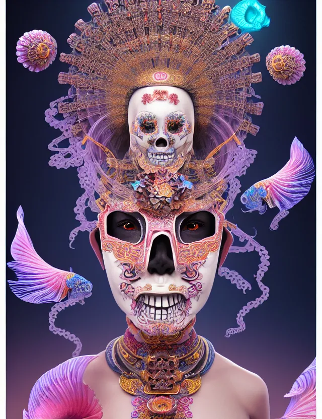 Image similar to 3 d goddess close up profile portrait with skull. beautiful intricately detailed chinese peking opera mask and clasical chinese cheongsam. betta fish, jellyfish phoenix, bio luminescent, plasma, ice, water, wind, creature, artwork by tooth wu and wlop and beeple and greg rutkowski