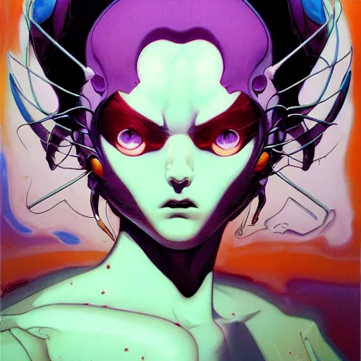 Prompt: prompt : purple demon portrait soft light painted by james jean and katsuhiro otomo and erik jones, inspired by evangeleon anime, smooth face feature, intricate oil painting, high detail illustration, sharp high detail, manga and anime 1 9 9 9